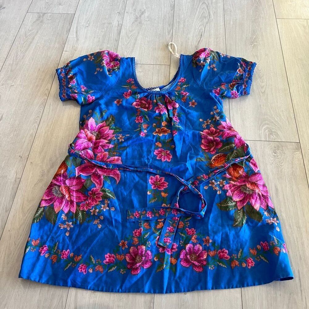 FARM Rio Blue Floral Belted Mini Dress with Pink Blooms